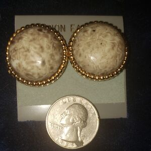 Gray Marbled Button Earrings with Gold Tone Trim.